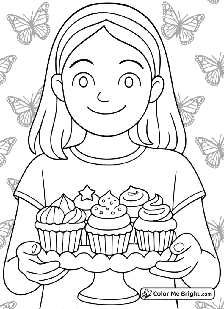 coloring page Girl with Cupcakes