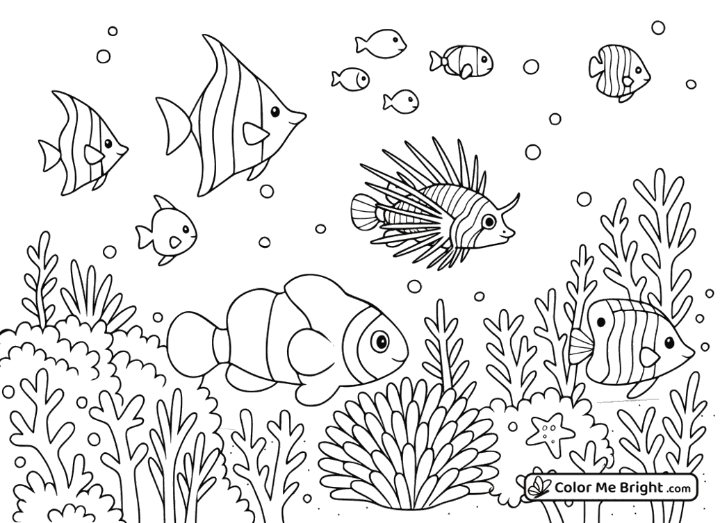 coloring page Aquarium with exotic fishes