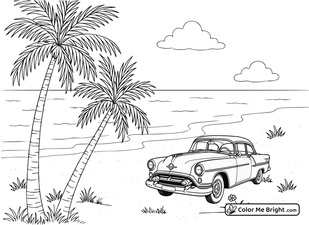 coloring page Oldsmobile on a beach with palm trees