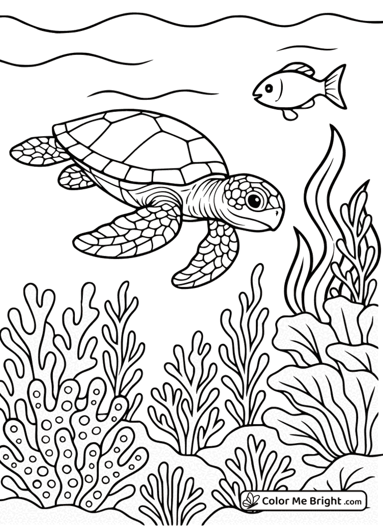 coloring page Turtle and algae underwater