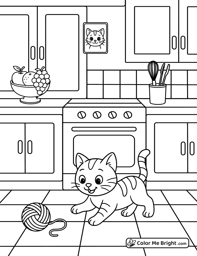 coloring page Cat playing with yarn in the kitchen