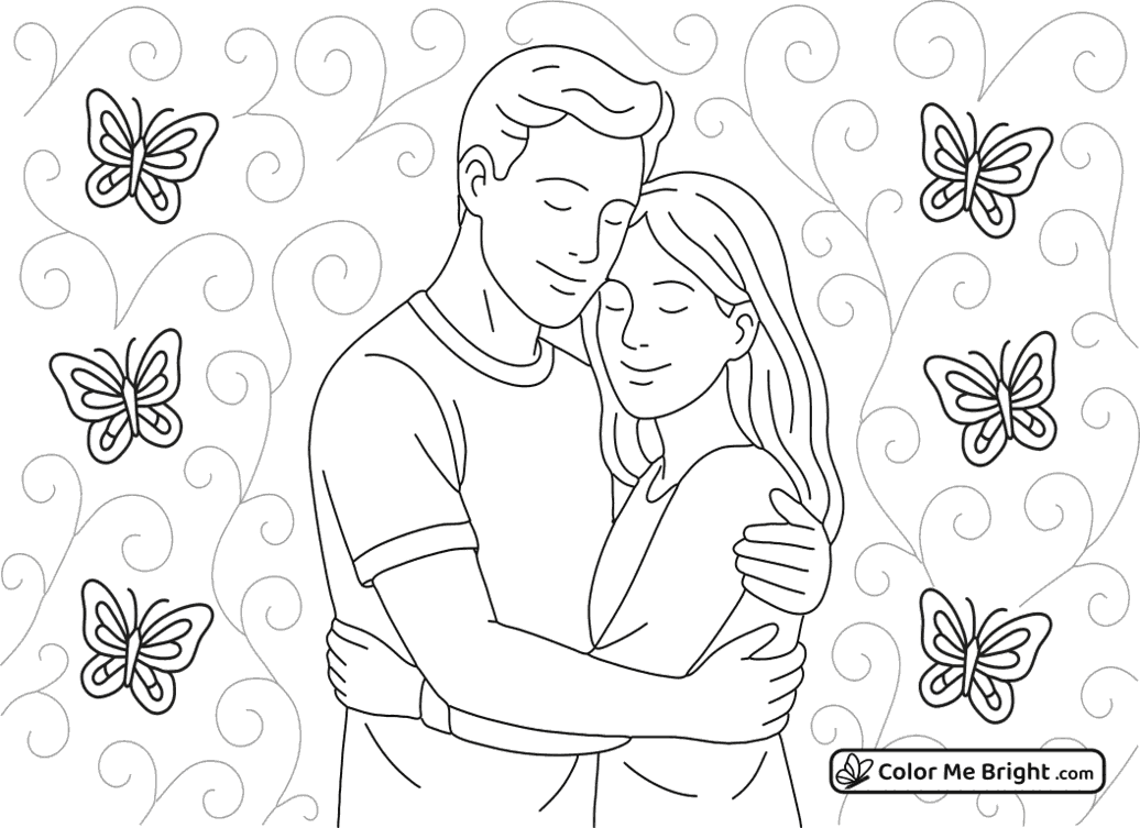 coloring page Couple embracing with butterflies in the background