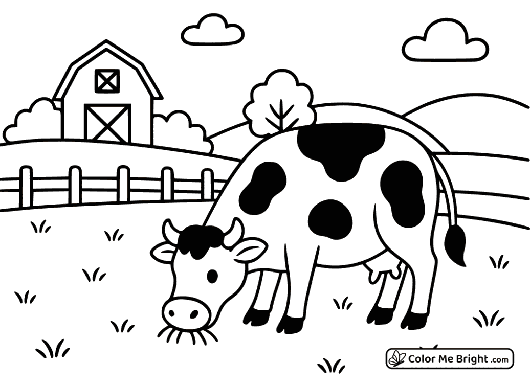 coloring page Grazing cow on a farm