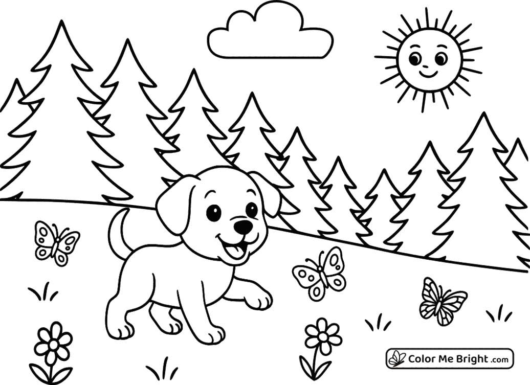coloring page Dog playing in a meadow