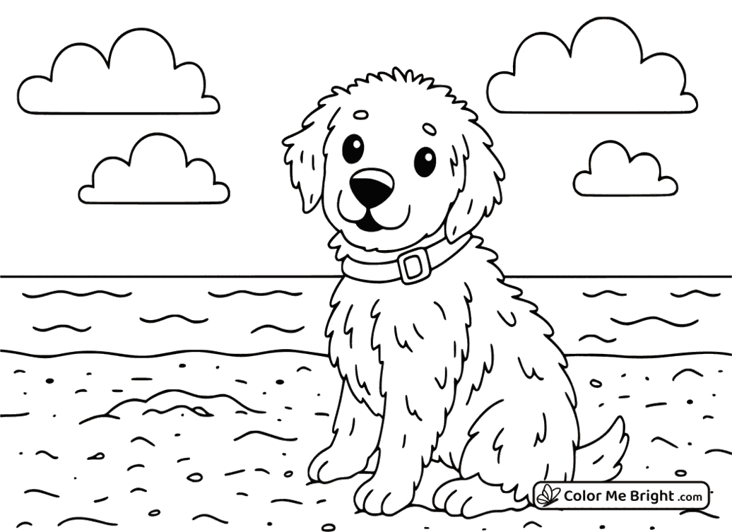 coloring page Puppy sitting on a beach