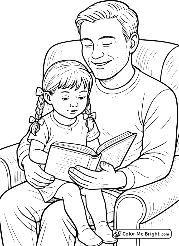 coloring page Dad reading to his daugher
