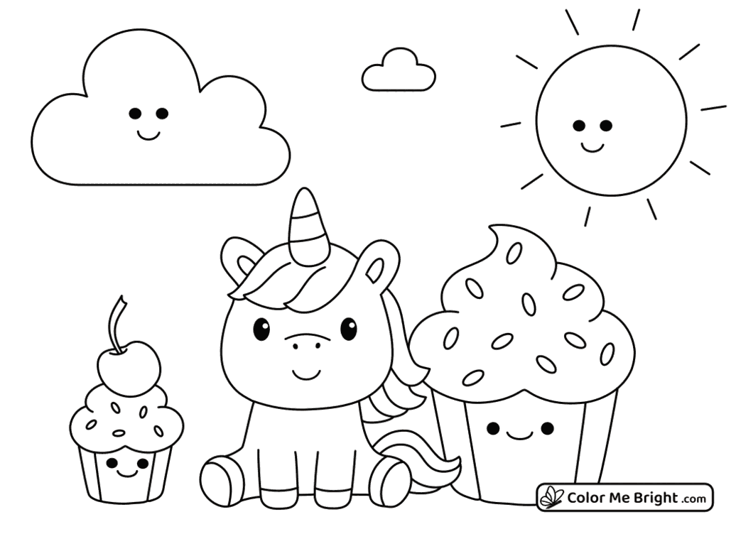 coloring page Unicorn with cupcakes