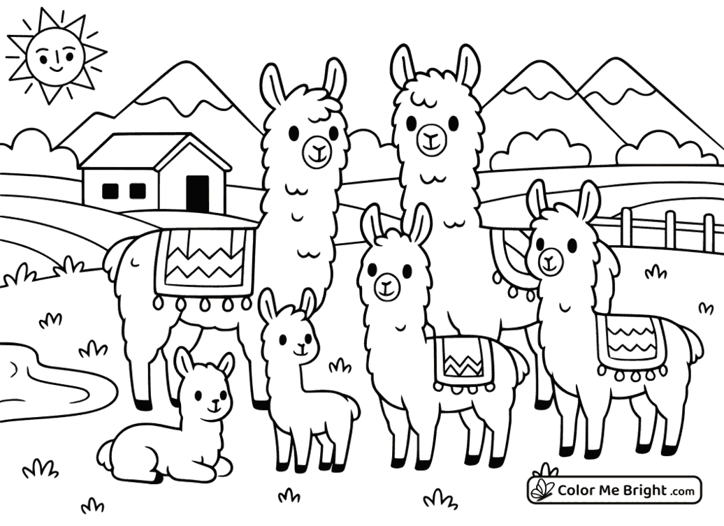 coloring page A family of llamas