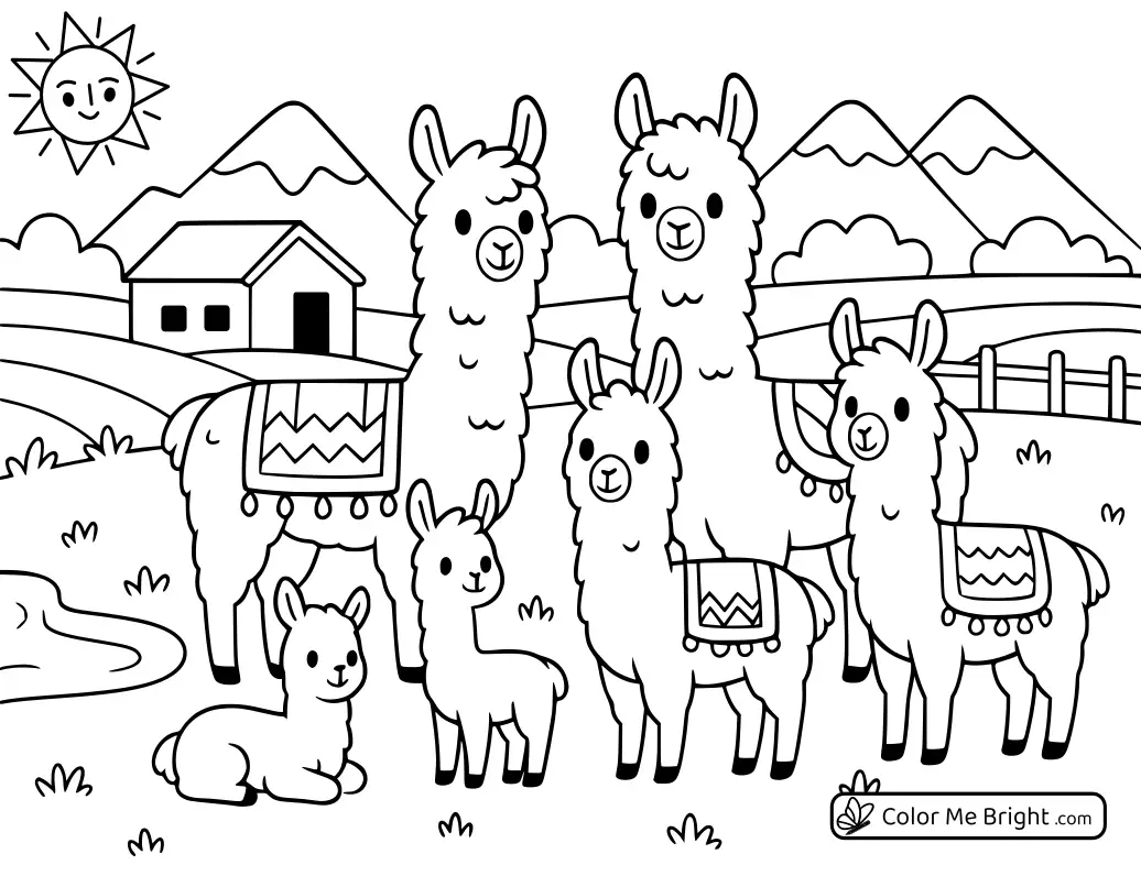 coloring page A family of llamas