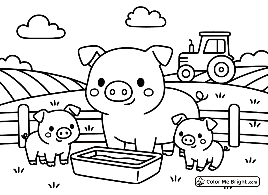 coloring page Cute pig with two piglets