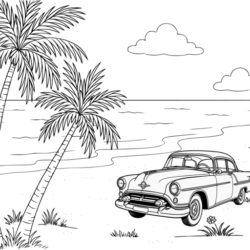 Oldsmobile on a beach with palm trees thumbnail