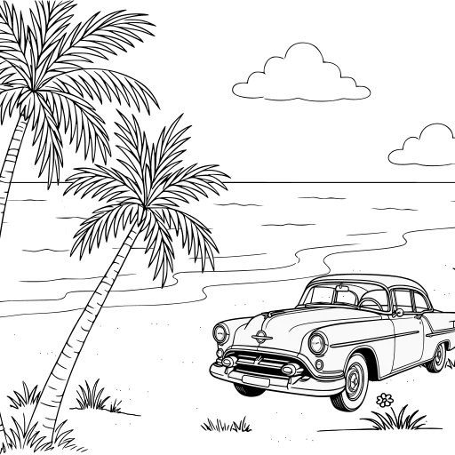 Oldsmobile on a beach with palm trees thumbnail