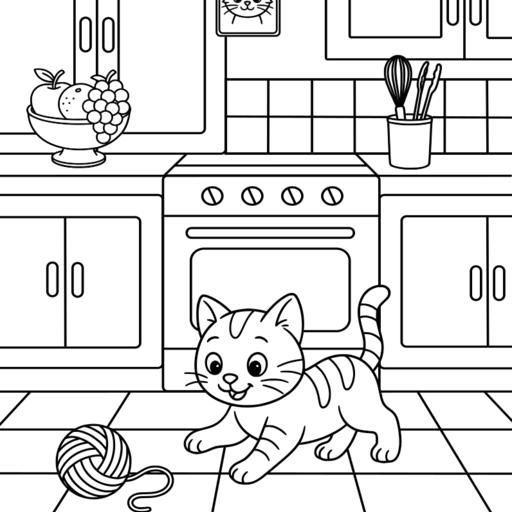 Cat playing with yarn in the kitchen thumbnail