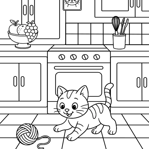 Cat playing with yarn in the kitchen thumbnail
