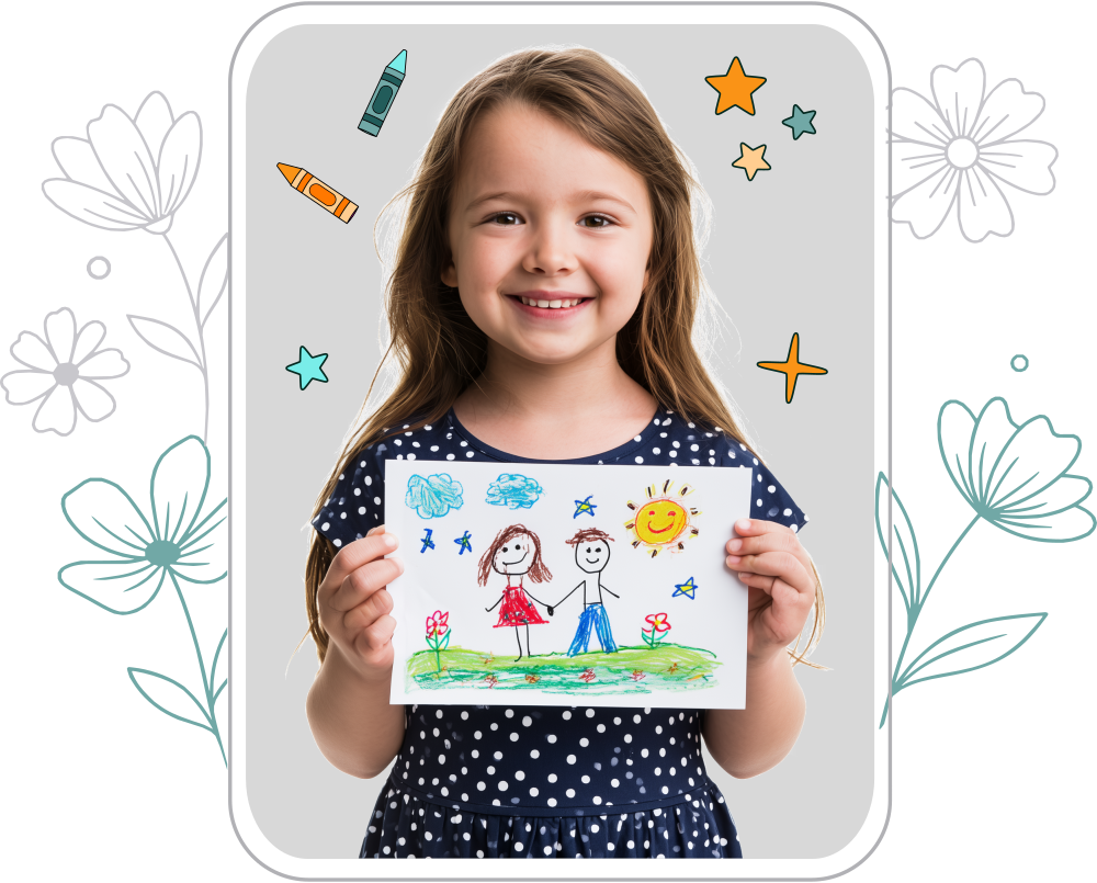Smiling girl holding her colorful drawing